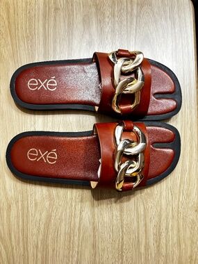 Exe Women’s Sandals Open Tie Brown With Gold Tone Chain Accents Sz 41